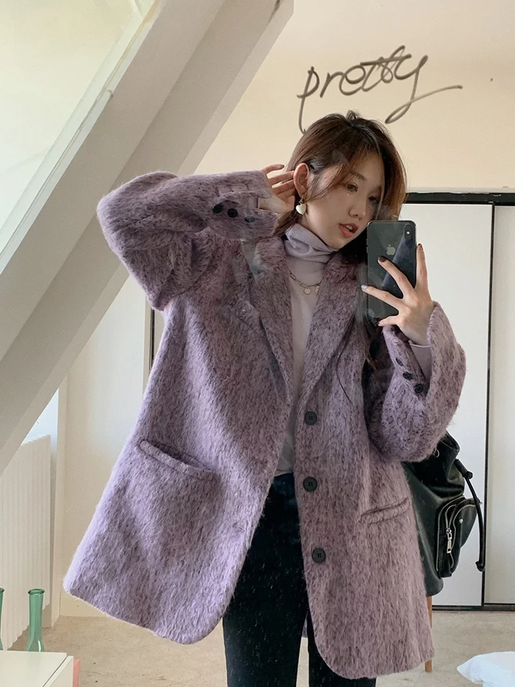 Abito di lana di media lunghezza con piume viola Jaet da donna Autunno Nuovo Sle Taglia piccola Sensazione di fascia alta Aosphere Faionable