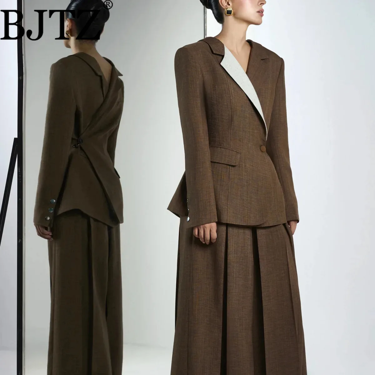 

BJTZ French Retro Office Color Block Brown Blazer Slim Fit Professional Suit Jacket, Elegant And Fashionable Design Trench Coat