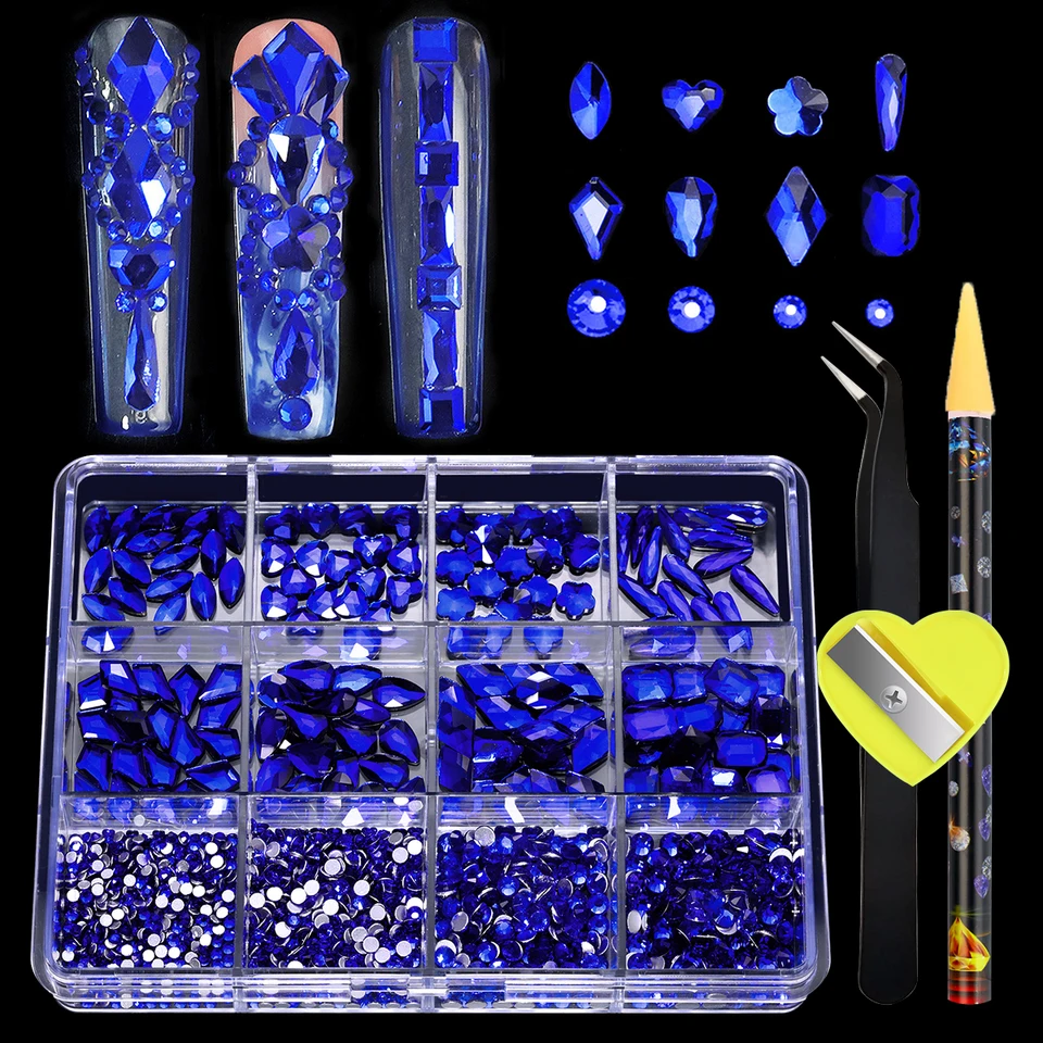 780-980 piezas de strass 3D de lujo para uñas, cristales transparentes/AB/rojos/azules de base plana, con lápiz de cera y pinzas, en caja 6