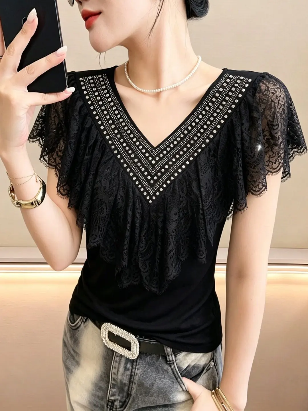 

Sexy V-Neck Lace Splice Short Sleeve T-Shirt Women Summer European Heavyweight Rhinestone Slimming Top Elegant Shirt