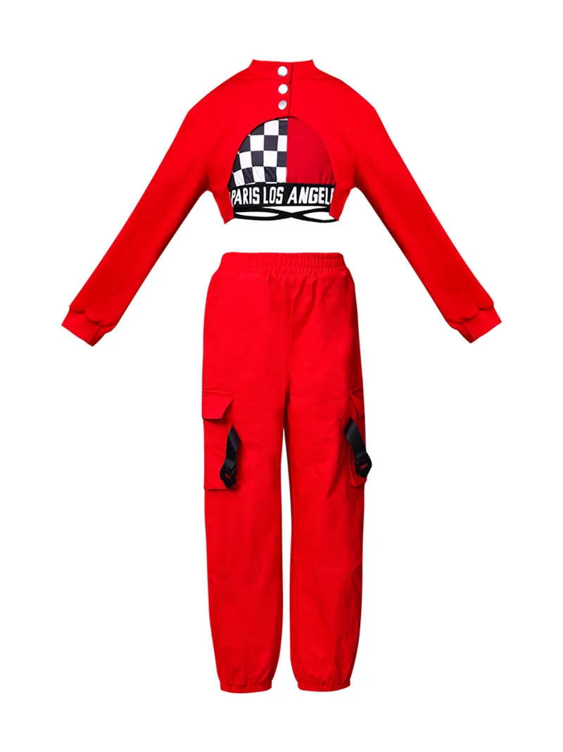 Hip-hop Jazz Dance Wear Kids Show Pant Suit K-pop Stage Outfits Urban Dance Girl Clothes 3 Pcs Red Black White Costumes