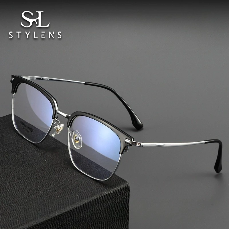 

STYLENS Business Ultralight Pure Titanium Eyebrow Frame Men's Reading Glasses Anti Blue Light Prescription Customization 269