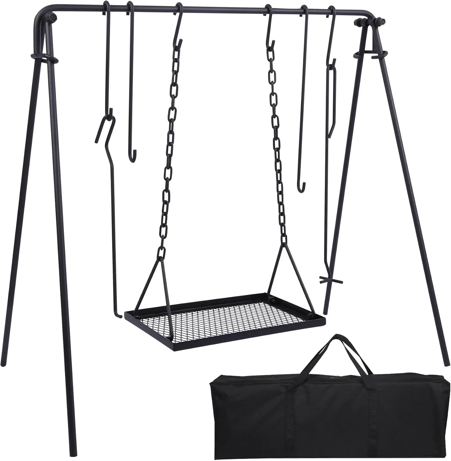 Grill Swing Campfire Grill Stand with Iron Grill Grate, Collapsible Campfire Cooking Rack w/6 Hooks,Portable Cookware Ha