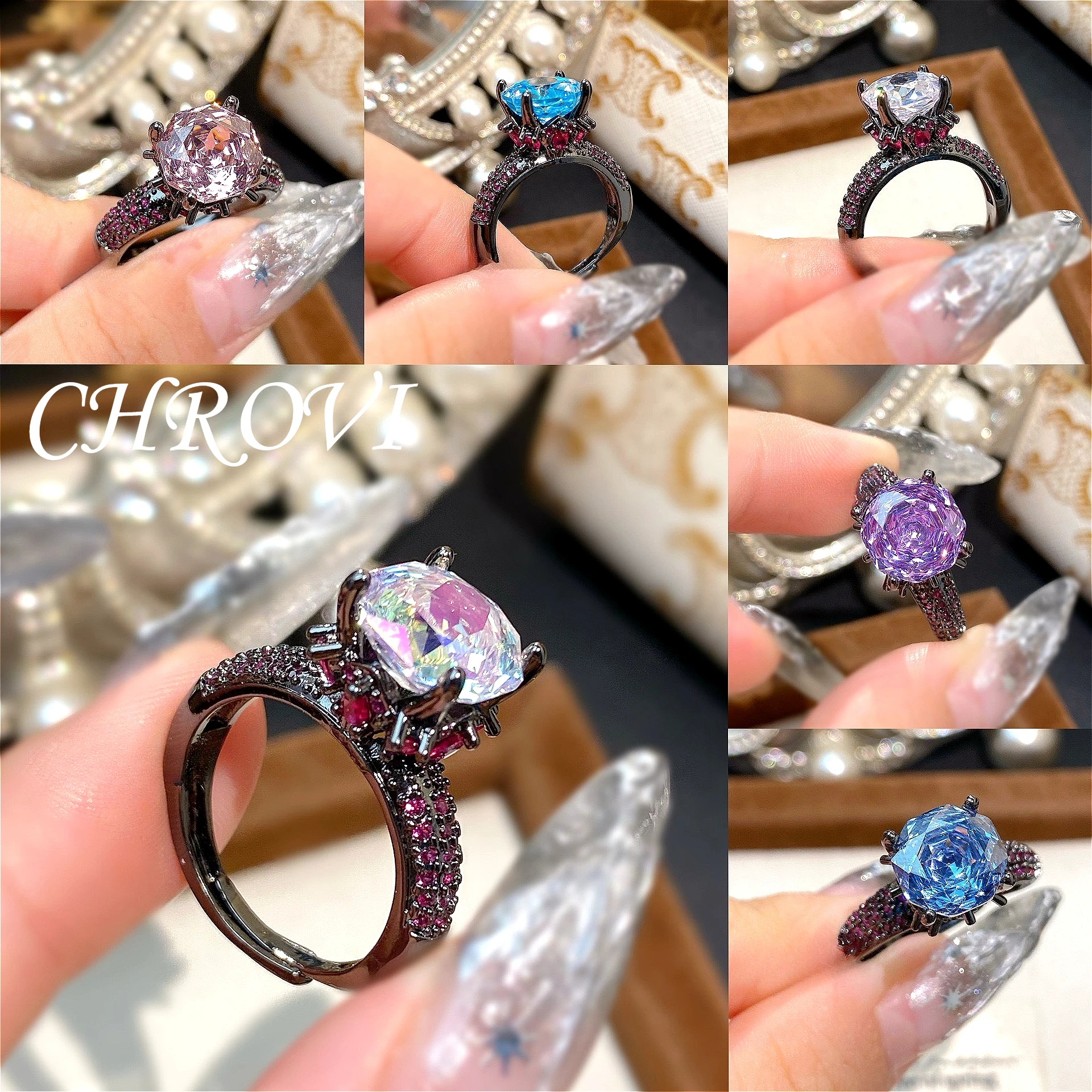 

Light luxury 925 sterling silver exquisite octagonal millennium rose ring for women, purple diamond, black gold color ring