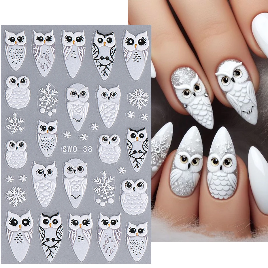 5D Christmas Nail Stickers White Owl Snowflake Rose Flower Dream Catcher Feather Stripes DIY Autumn Winter Manicure Decoration