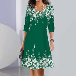 Women'S Casual Dress Floral Splicing Printed Round Neck Midi Dress 2024 New Spring Autumn Fashion Loose Long Sleeve Dresses