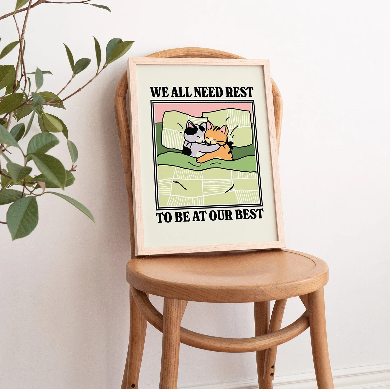 Retro Cat Wall Print, Cosy Bedroom Poster, Vintage Cats Illustration, Positive Quote Poster Prints, Sage Green Posters, Rest Quo