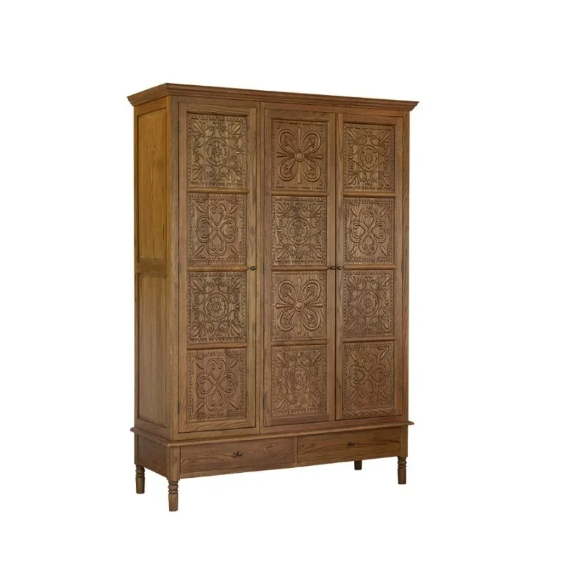 American country solid wood carving flower three doors four doors wardrobe retro pastoral adult bedroom multi-functional storage