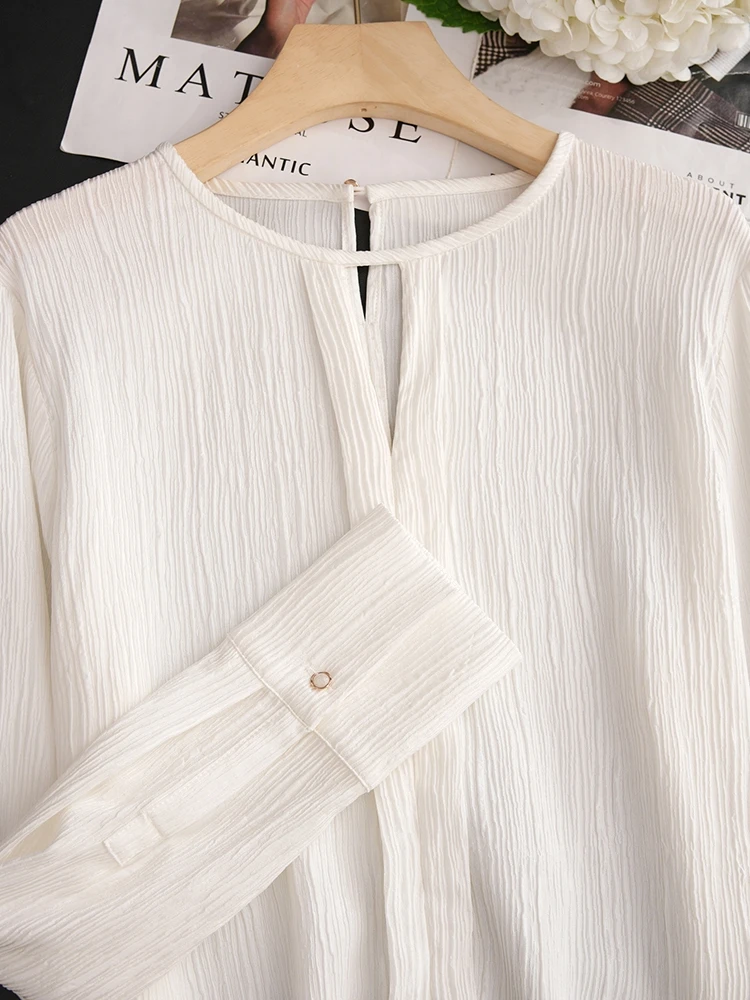 

Elegant Chinese Style Long Sleeve Silk Shirt Pressed Pleat Design Straight Cut Commute Style Pure Color Button Detail