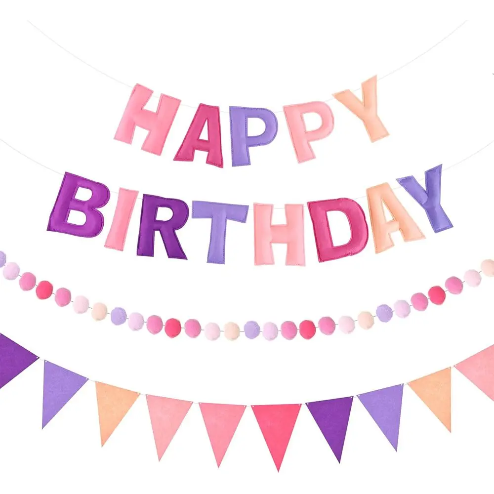 

3D Rainbow Birthday Banner Set, 3 Piece Letter Signs, Pom Pom Garland, Fabric Bunting, Colorful Reusable Party Decorations for A