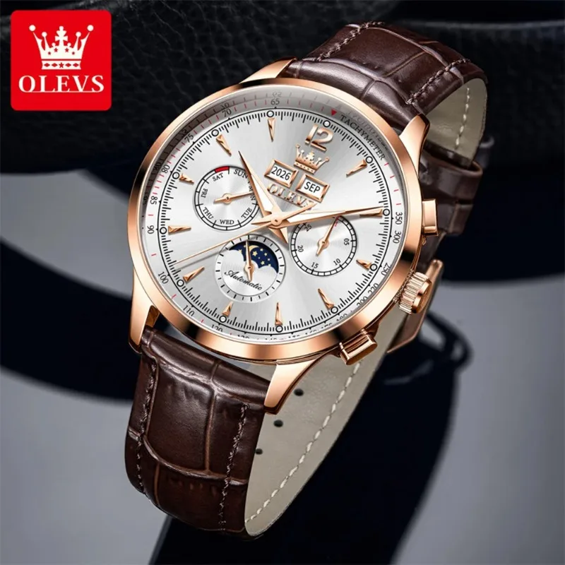 OLEVS 7128 Classic Mechanical Movement Watch For Men Leather Strap 24hour Moon Phase Calendar Window Luminous Waterproof Watch