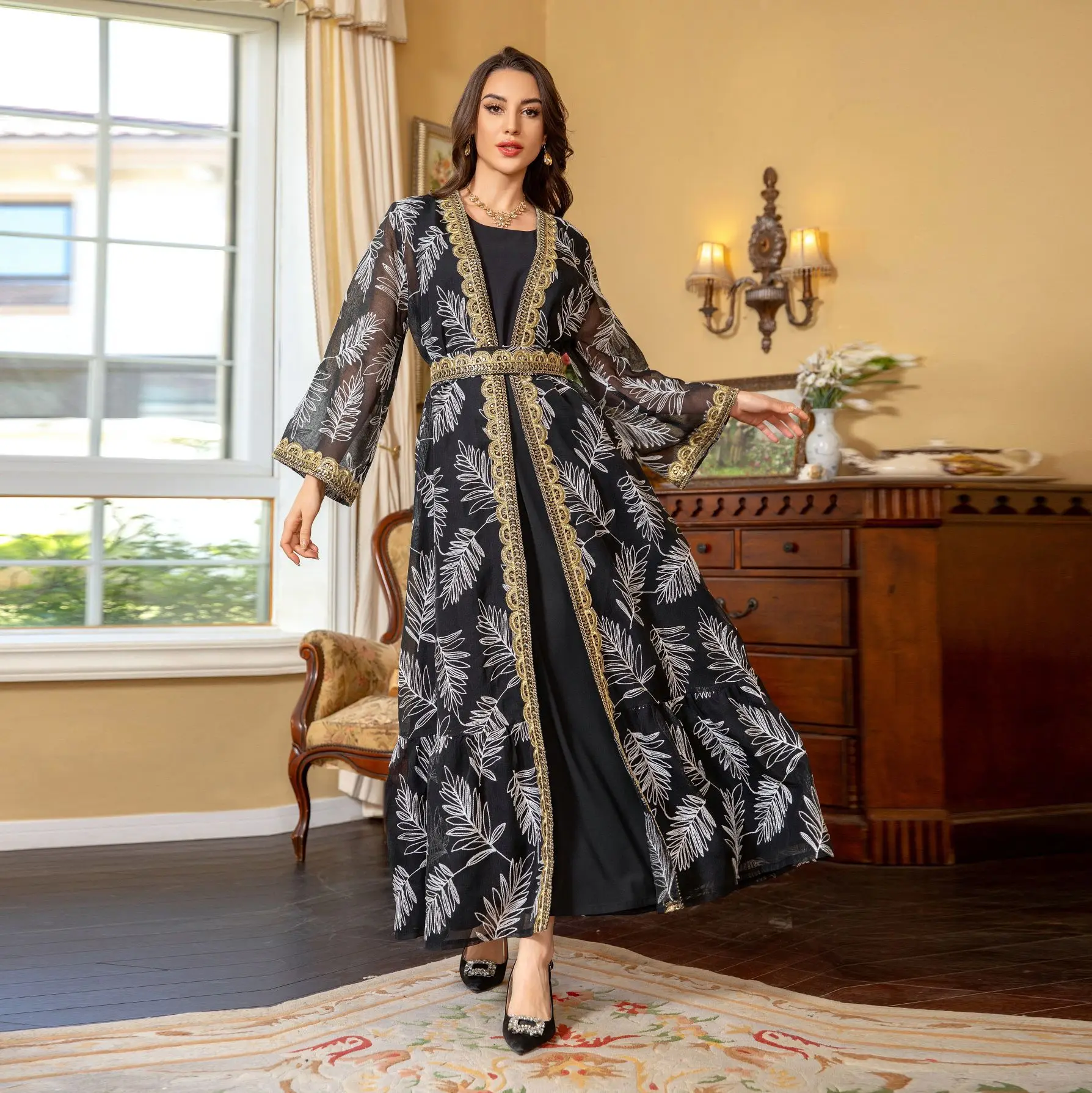 

Elegant Two-Piece Set Embroidered Mesh Gold Two-Piece Set Dubai Summer Modest Two-Piece Set Gilded Ribbon Maxi Ensemble