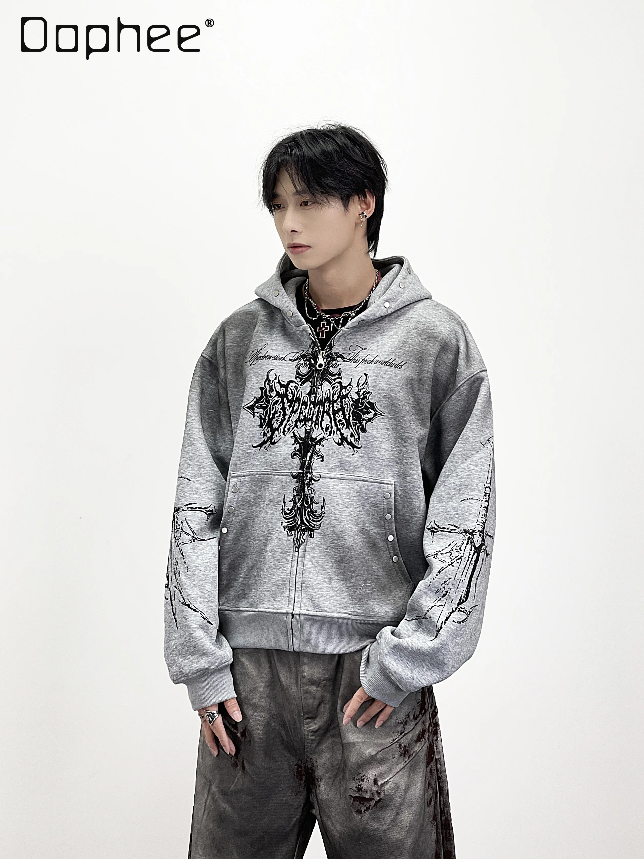 

2025 Autumn Winter New Men's Subculture Dark Style Tie-Dye Vintage Gray Hooded Cardigan Black Printed Velvet Jacket