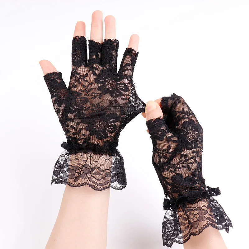 Lace Half Finger Gloves Women Sexy Black Stretchy Mesh Hollow Out Breathable Sun Protection Lightweight Spring Summer Adult Size