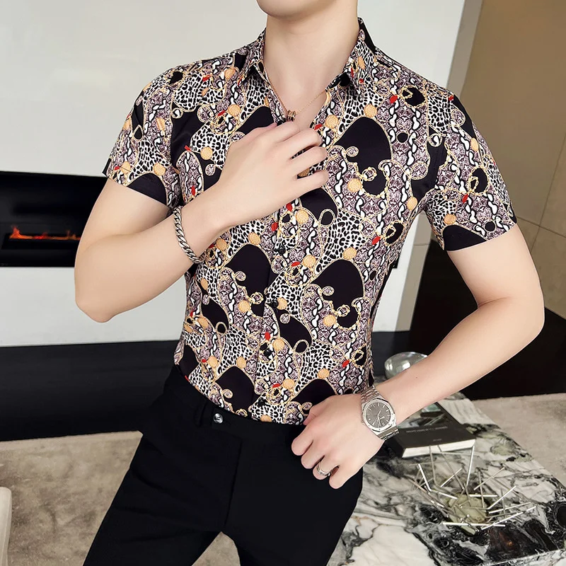 

Vintage Leopard Print Shirts for Men Short Sleeve Slim Casual Shirt Streetwear Social Clothing Nightclub Party Tuxedo Blouse