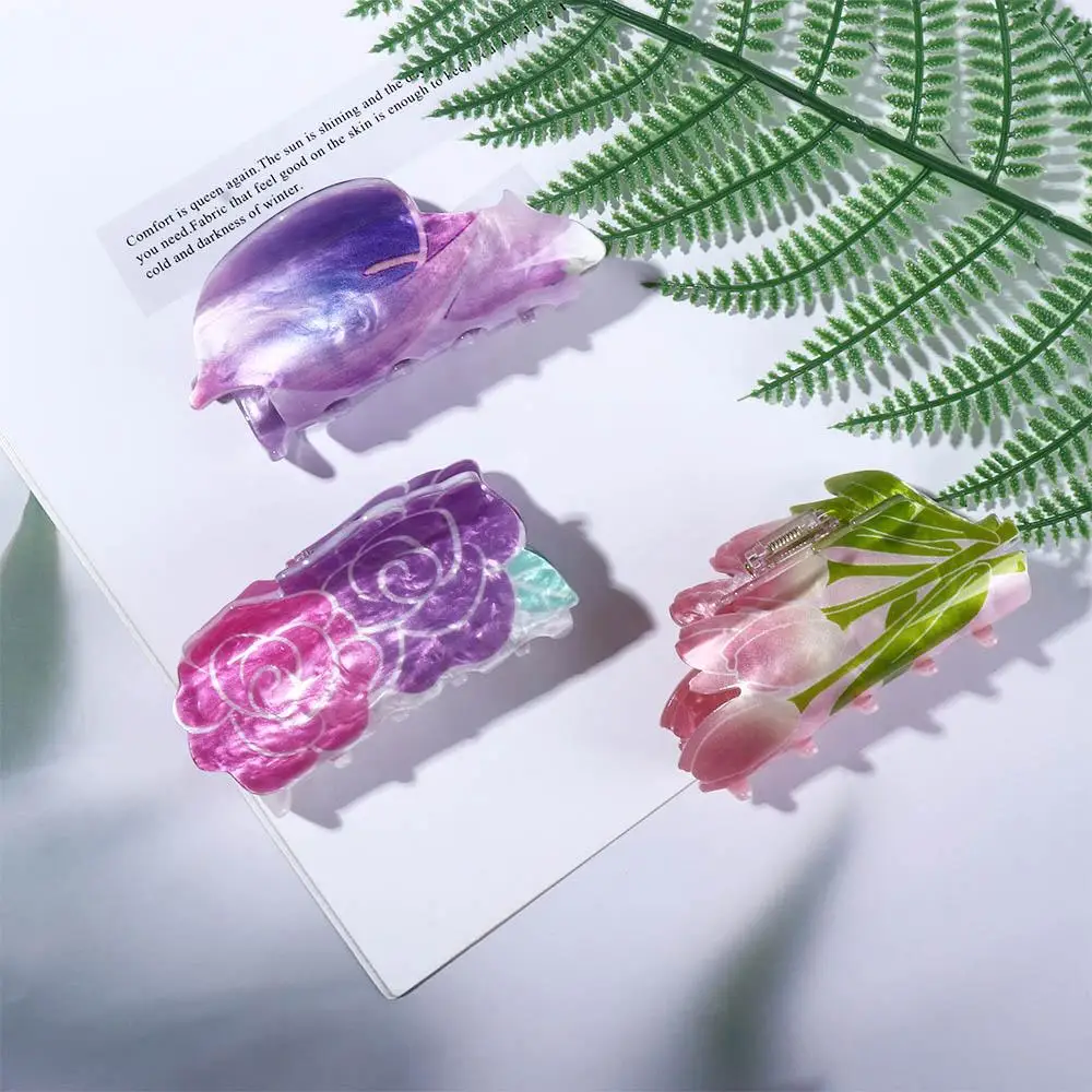 Pink Tulip Rose Geometric Shape Candy Color Female Hair Accessories Korean Style Headwear Plastic Hair Claw Flower Hair Clip