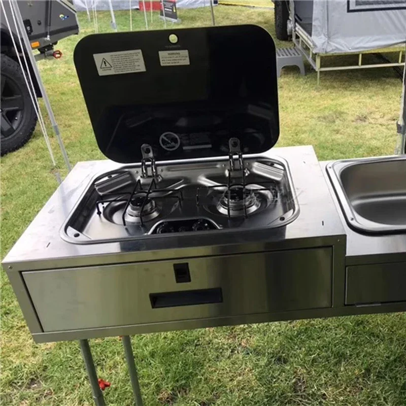 Outdoor RV Camper Kitchen Stainless Steel Gas Double-headed Stove Tools Tempered Glass Cover 2*1.35KW Camping Car Accessories