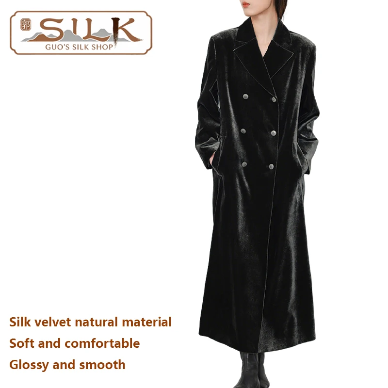 

Женское бархатное пальто из натурального шелка с длинными рукавами в стиле ретро, плащ с двойными пуговицами, повседневная роскошная удобная одежда для улицы