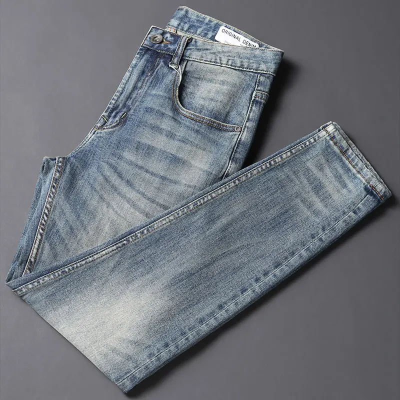 Fashion Designer Men Jeans High Quality Retro Washed Blue Stretch Slim Fit Ripped Jeans Men Vintage Casual Denim Pants Hombre