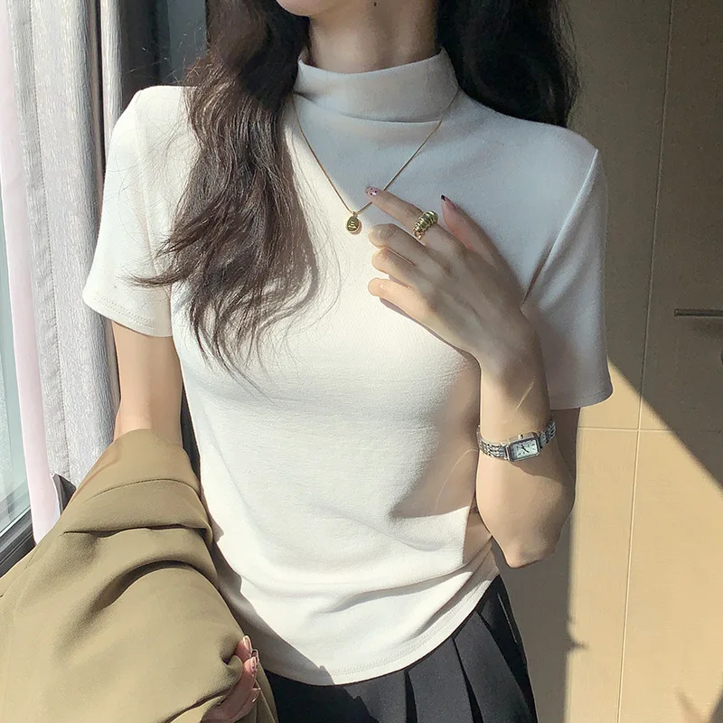 T shirt women 2026 fashion semi-high-neck short-sleeved summer slim top solid color tshirt women's clothing