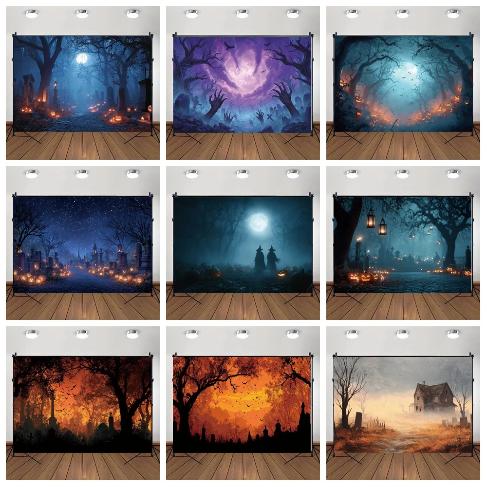 

MOON.QG Fantasy Halloween Home Backdrops Lanterns Cemetery Forest Photozone Background Shooting Props Party Baby Photo Wallpaper
