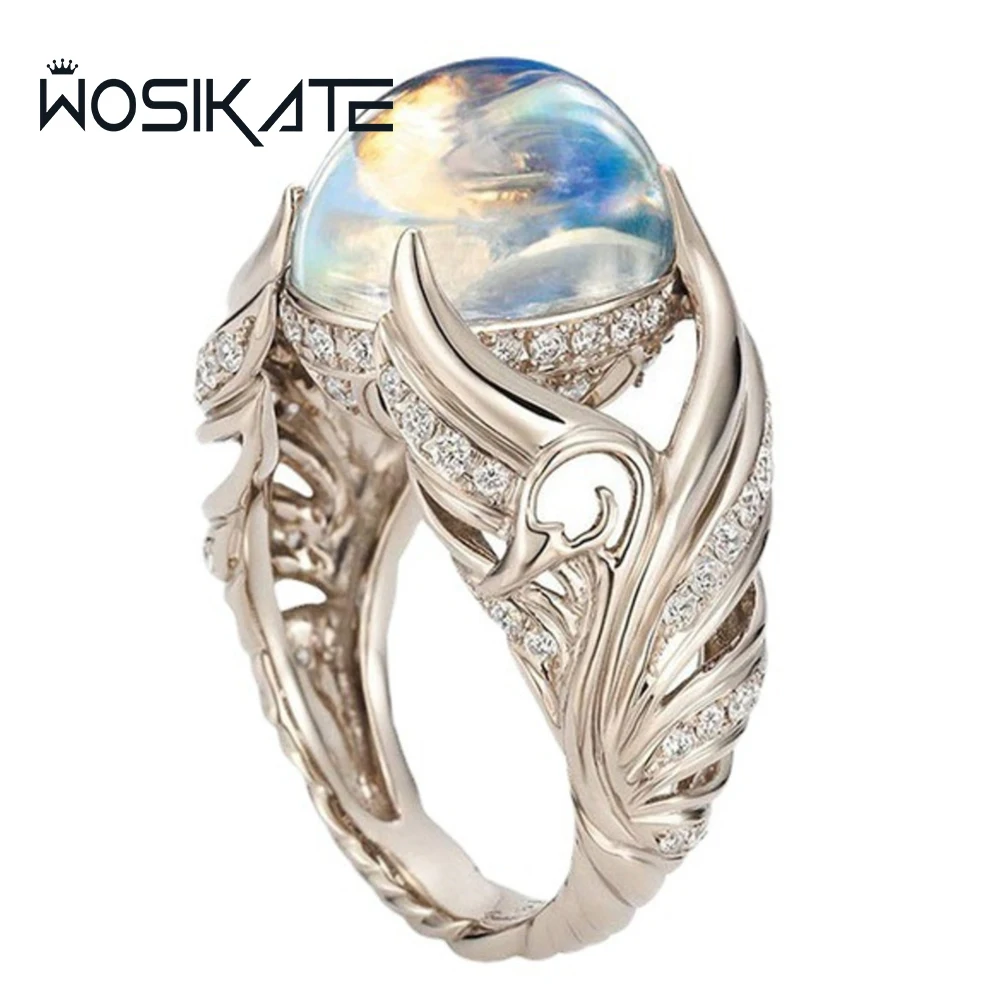 

WOSIKATE Vintage Moonstone Engagement Ring For Women 925 Sterling Silver Fashion Jewelry Luxury Angel Wings Finger Ring Gifts
