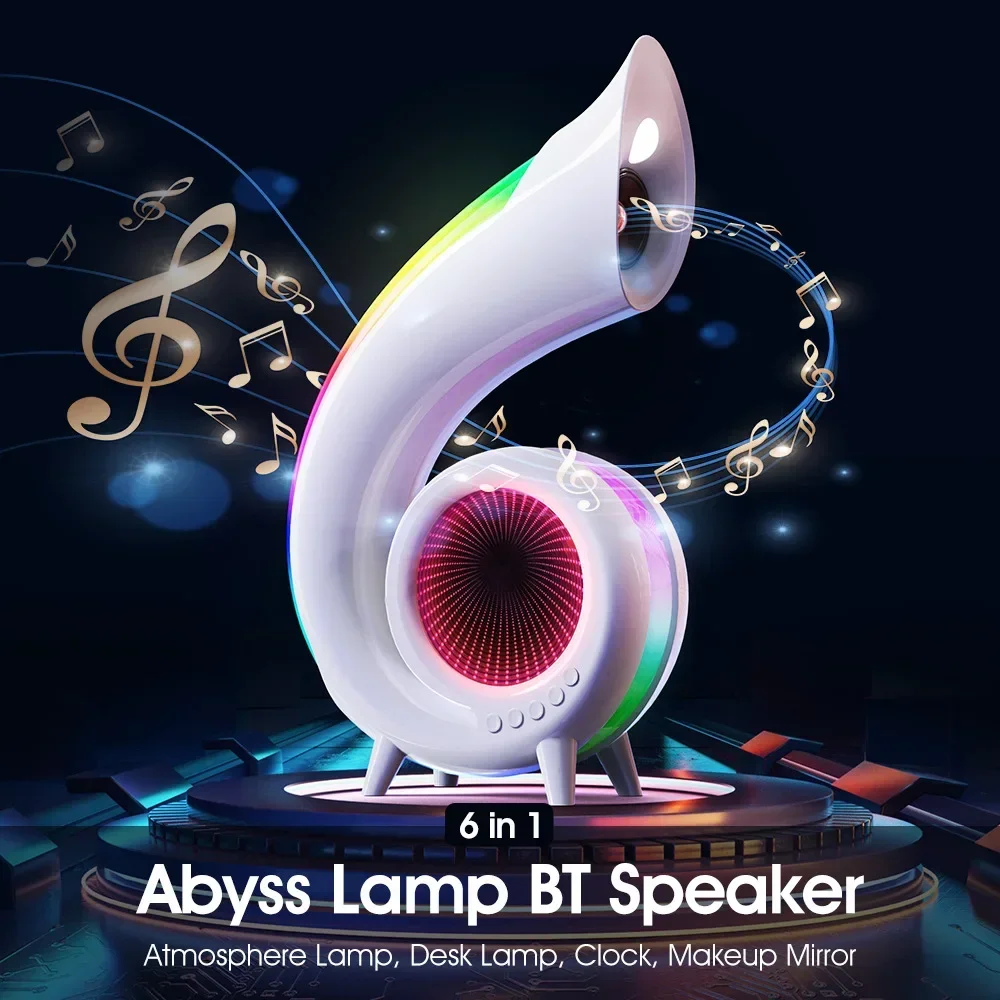 

Bluetooth Speaker DIY Abyss Light Alarm Clock Desk Lamp Boombox Makeup Mirror Cool Color Light Conch Subwoofer Support TF Card