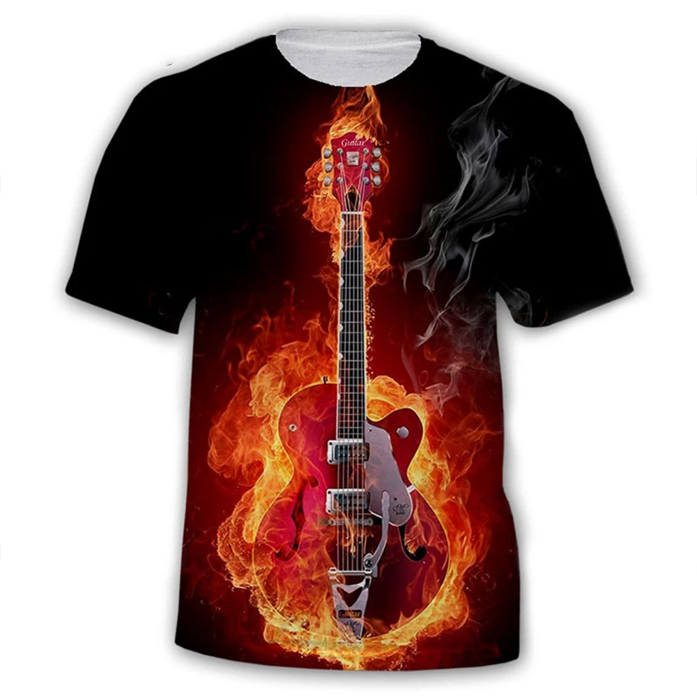 أزياء الصيف الاتجاه روك الرجال والنساء القيثارات 3D المطبوعة الغيتار طباعة شخصية مريحة قصيرة الأكمام تي شيرت