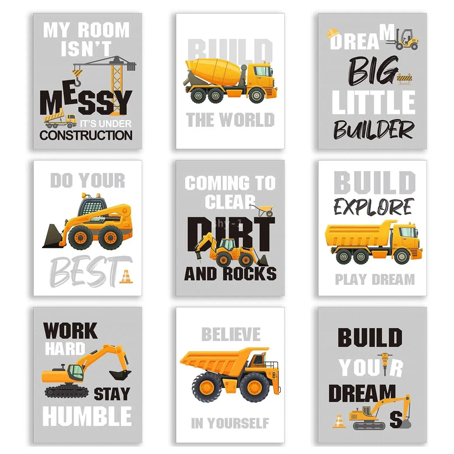 Nursery Construction Truck  Excavator Wall Art  Nordic Style Canvas Print for Boys Room Decor