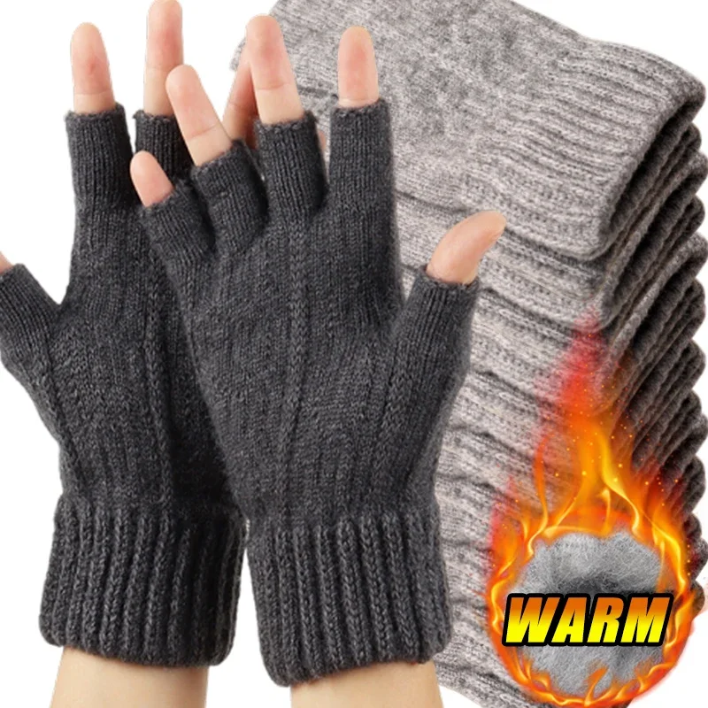 AliExpress Winter Gloves For Men Half Finger Writting Office Cycling Knitted Gloves Students Alpaca Wool Warm