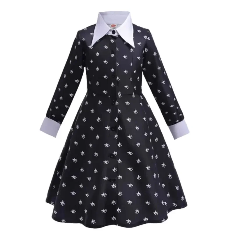 

2025 популярное милое платье с длинными рукавами и черным принтом для девочек из американского сериала «Академия Адамс» + комплект аксессуаров