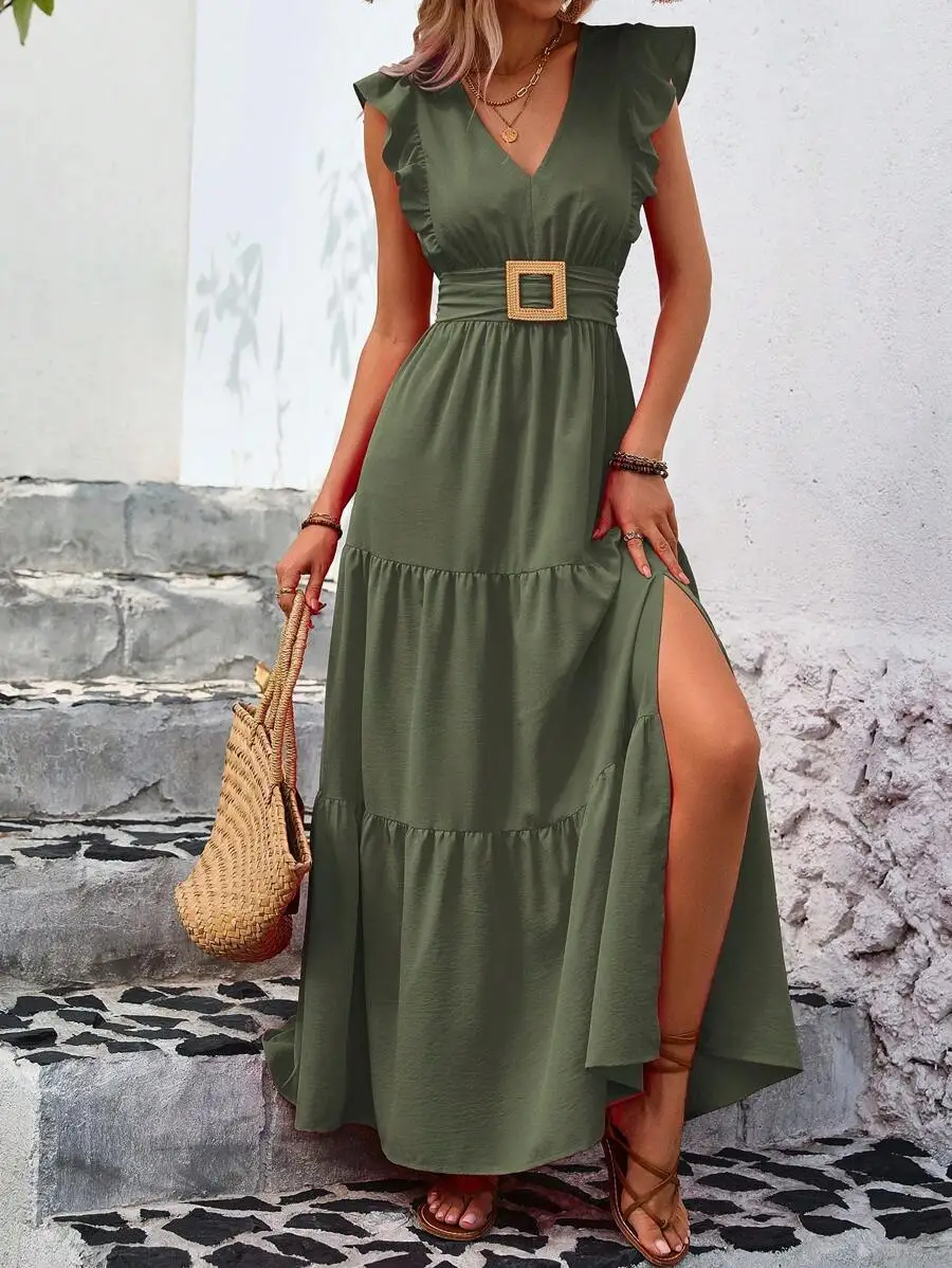 

Olive Green Ruffle Sleeve Maxi Dress with Side Slit and Belted Waist