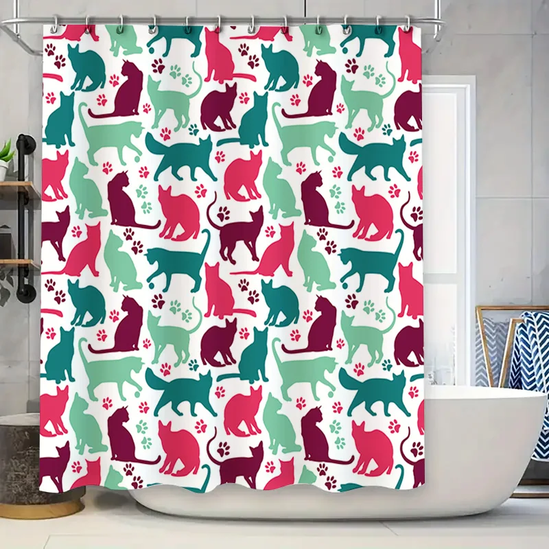 

Modern Animal Print Cat Shower Curtain Bright Colors Silhouettes