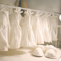 Korean Sweet Pleated Lace Short Curtains for Kitchen Solid Tab Top Half Curtains Bow Tie Window Valance Cotton Curtain