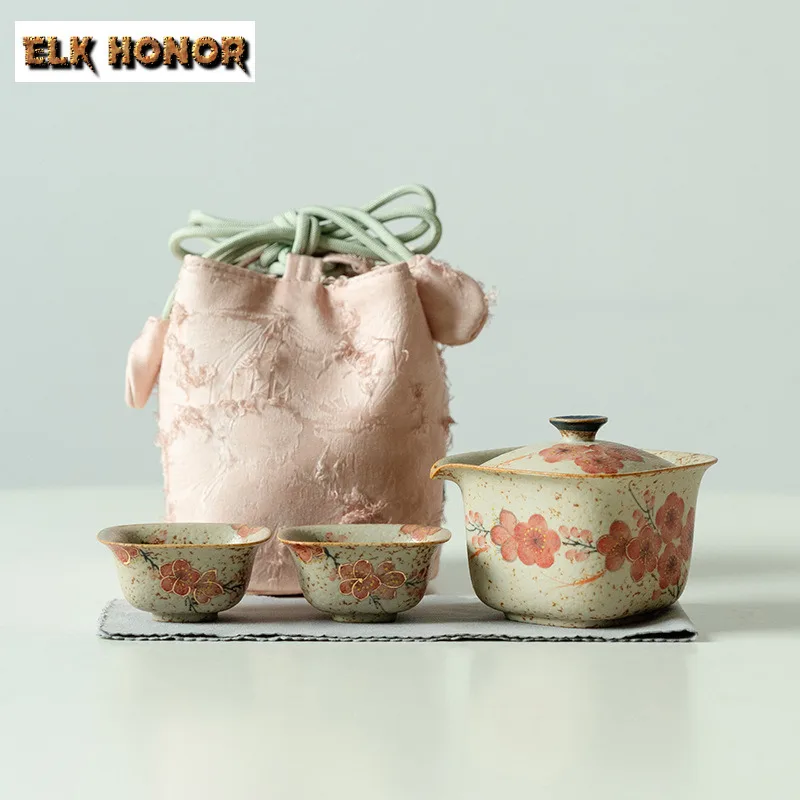 

Ручная роспись, дорожный чайный сервиз с цветком сливы, антикварный набор, 1 чаша, 2 чашки, органайзер для заваривания чая, портативное уличное украшение для сумочки