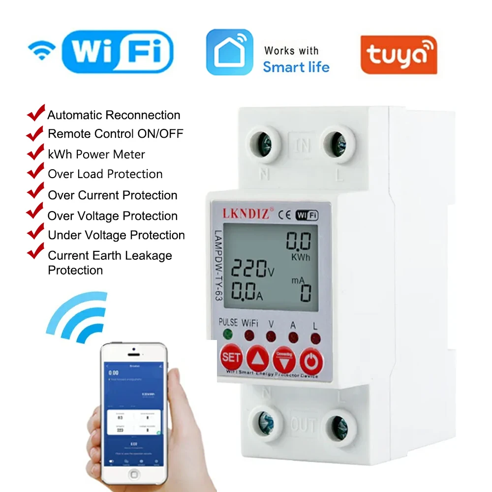 

WiFi 2P 63A TUYA APP Smart Circuit Earth Leakage Over Under Voltage Protector Relay Device Switch Breaker Energy Power kWh Meter