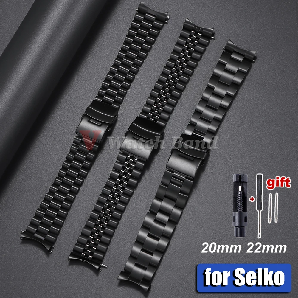 Pulseira de Relógio Esportiva Masculina com Extremidade Curvada para Seiko 5 SKX009/007, Jubilee e Oyster, 18mm 20mm 22mm, Pulseira de Aço Inoxidável Sólido