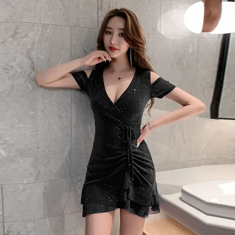 Tight Sequin Short Sleeve Coquette Women's Dresses Sexy Rhinestone Female Dress Bodycon Ruffle Mesh Corset Elastic Harajuku Y2k
