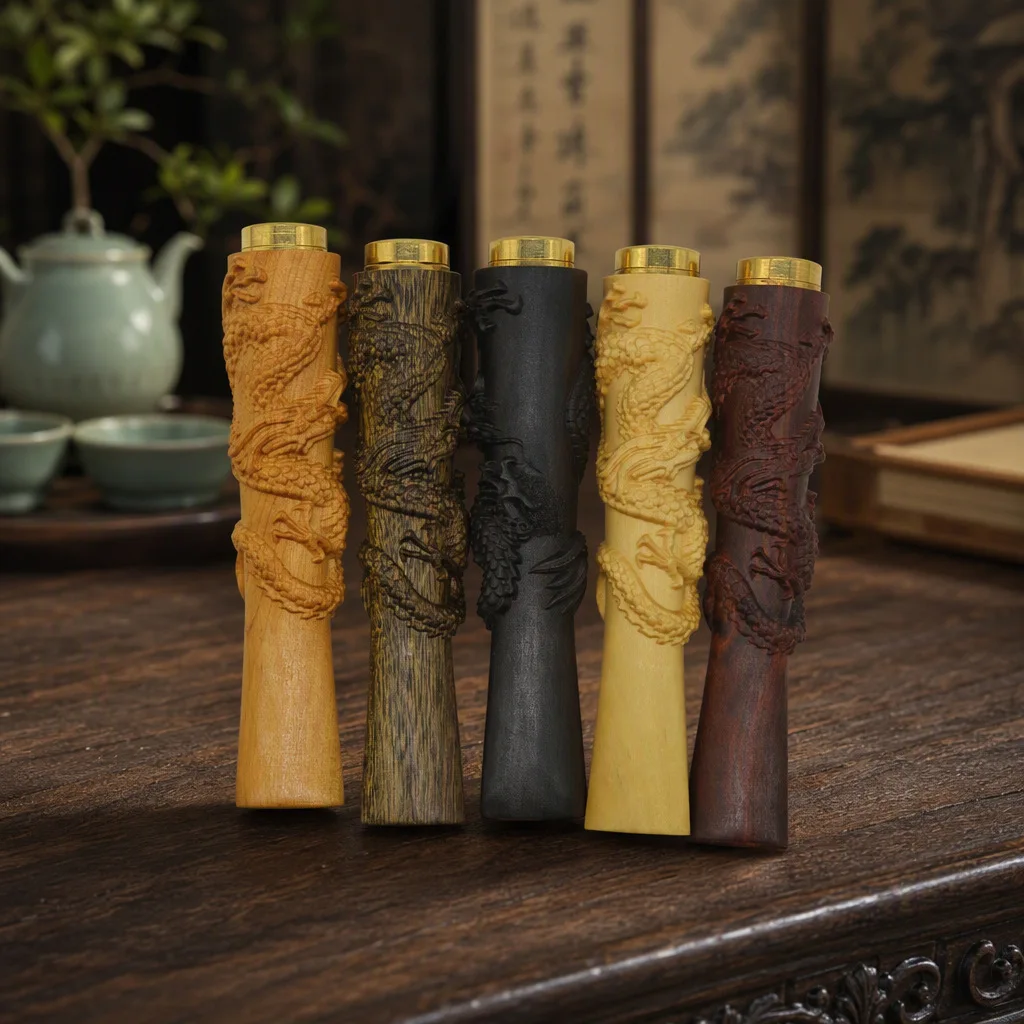 Carved Flying Dragon Reusable Flat Redwood Filter Cigarette Holder Boxwood For Thin Thick Cigarette Collectible Craft Gift