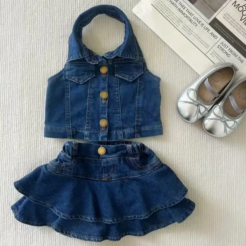 

Kids Girl's Summer Suit 2025 New Net Red Hanging Neck Top Foreign Fashionable Ruffled Children's Short Skirt Two-piece Set