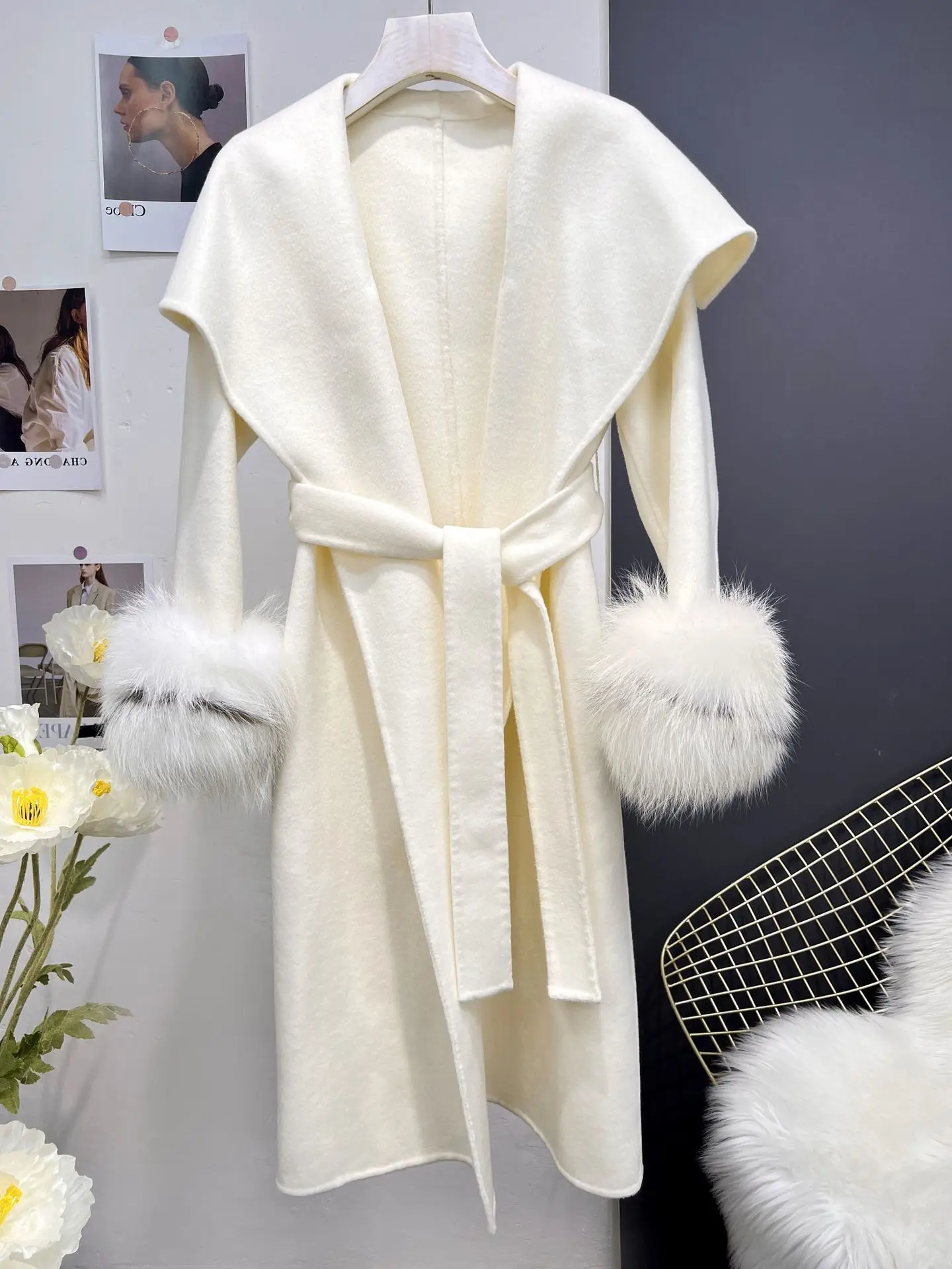 Autumn/Winter New Cashmere Wool Double sided Coat Women's Long Bathrobe Fur Cuff Navy Collar 2023