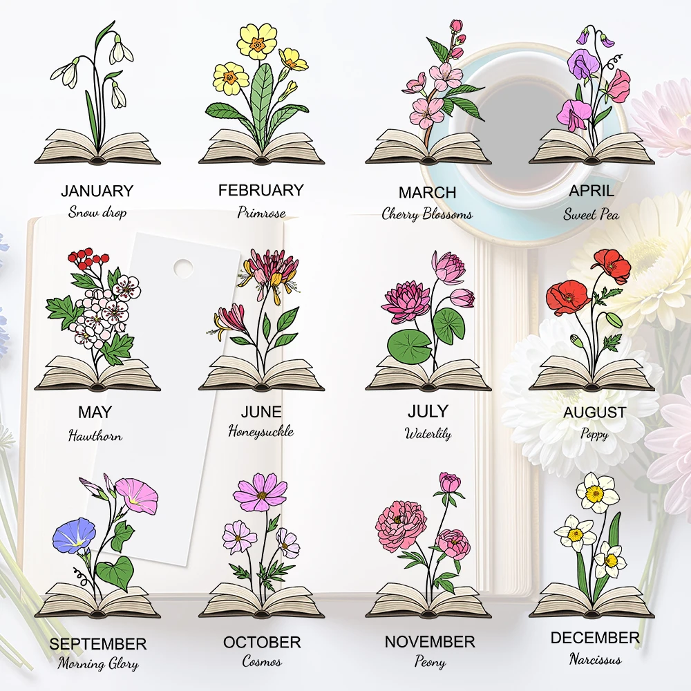 1 قطعة إشارة مرجعية اسم مع زهرة الشهر ، إشارة مرجعية مخصصة من الجلد لشهر زهرة الشهر ، إشارة مرجعية مغناطيسية شخصية ، هدية عيد ميلاد لمحبي الكتب
