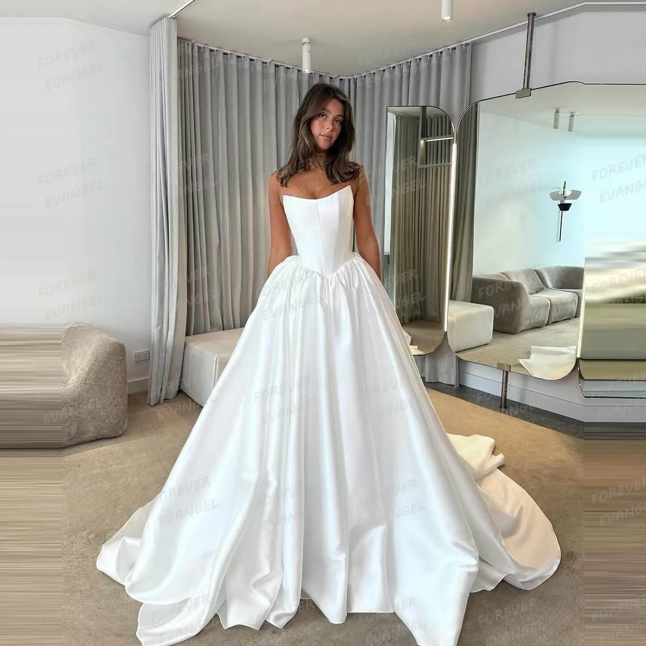 

Simple Wedding Dresses Woman's A Line Boat Neck Sleeveless Backless Bride Gowns Elegant Satin Vestidos De Novia Robe De Mariée