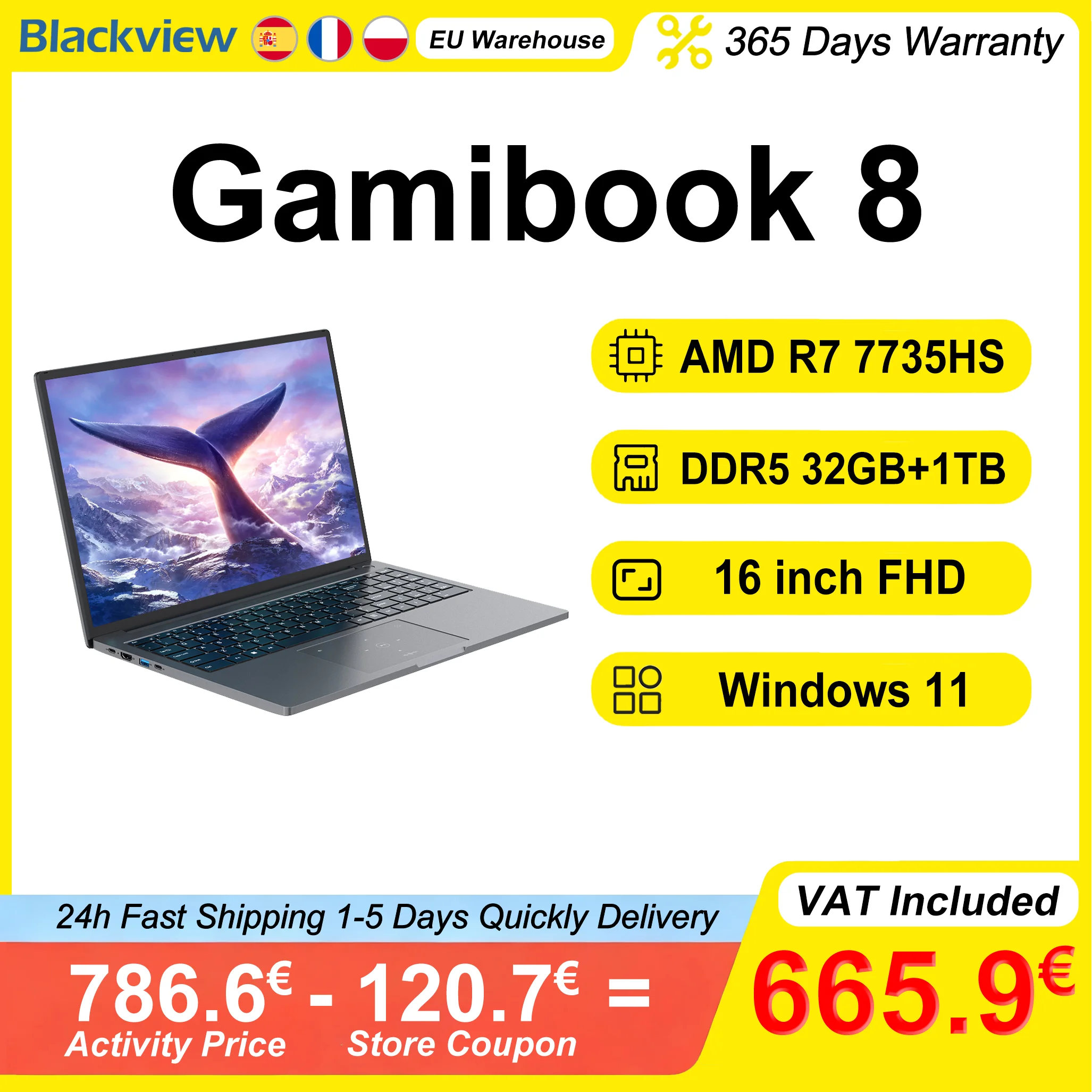Blackview ‎ Laptop GamiBook 8 16 cali AMD R7 7735HS DDR5 16GB/32GB RAM 512GB/1TB ROM Windows 11 Pro BT5.2 Wifi 6 Podświetlana klawiatura