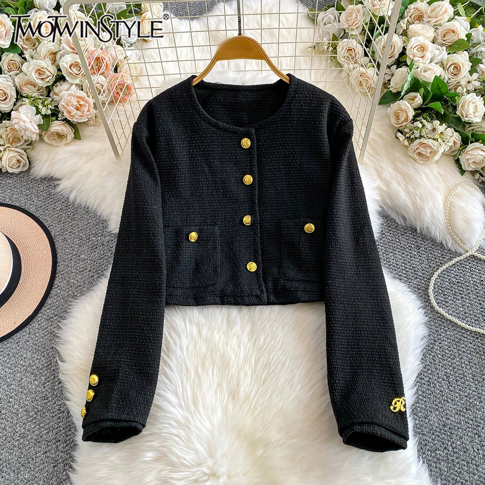 

TWOTWINSTYLE однотонные куртки во французском стиле для женщин с круглым вырезом и длинными рукавами, темпераментное пальто на пуговицах, женское новое KJA547264