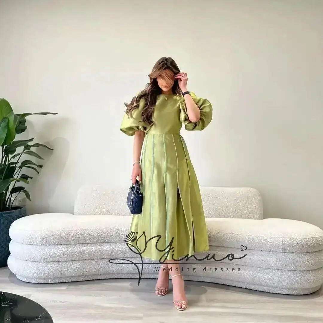 فستان حفلة موسيقية رسمي قصير بأكمام مخصصة ورقبة دائرية مطوي على الطراز الحديث من الساتان فستان سهرة مخصص #2