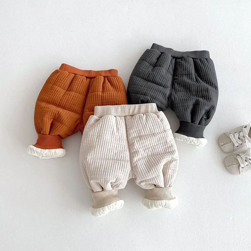 MILANCEL New Winter Kids Sweatpants Girls Cute Lattice Bear Fleece Padded Trousers Children Fashion Warm Pants