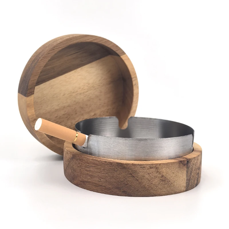 

Creative Wooden Ashtray with Lid Stainless Steel Indoor Outdoor Patio Home Office Porch Decors Smoking Accessories Gifts