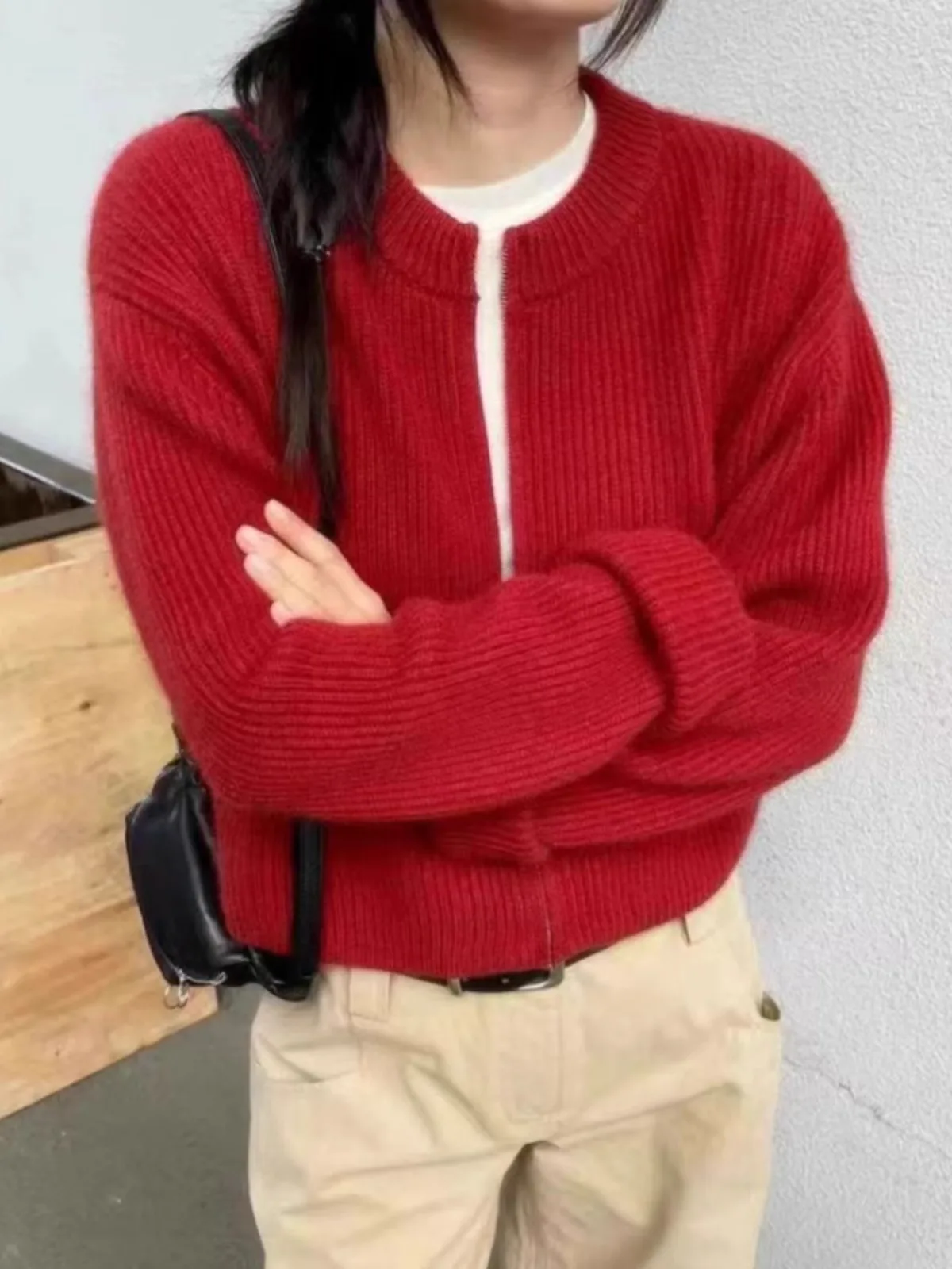 Fashion double zipper short pure cashmere knit cardigan women\'s crewneck small sweater loose wool coat
