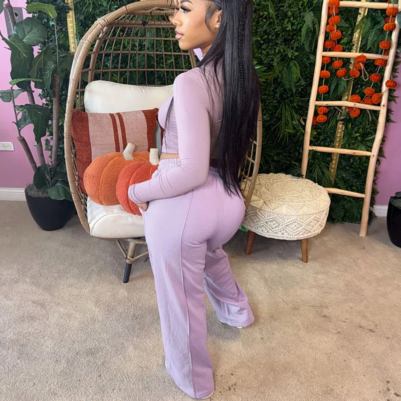 Doyerl Solid Two Piece Set Woman Tracksuit Sports Fitness Skinny Long Sleeve Crop Top and Sweatpants Sweatsuits Jogging Femme